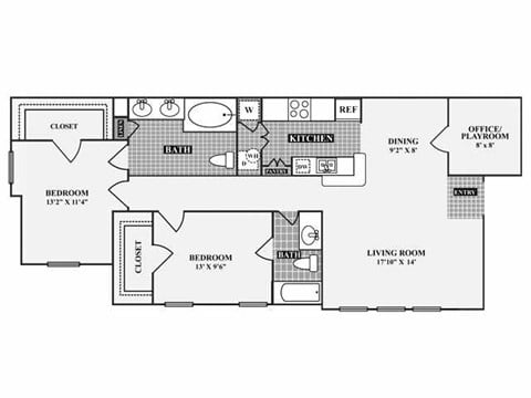 Floor plan for 2 beds, 2 baths, 1167 sqft